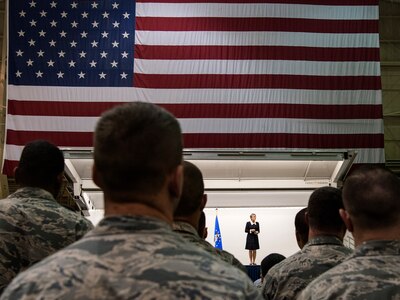 Secretary of the Air Force Heather Wilson speaks at a Town Hall meeting at Joint Base Elmendorf-Richardson, Alaska, Aug. 9, 2018. At the Town Hall meeting Wilson talked to Airmen about the importance of readiness, modernization and innovation in order to remain the greatest Air Force in the world.