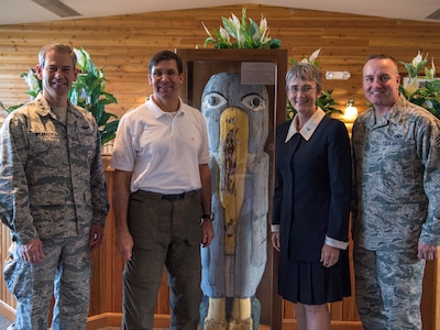 Secretary of the Air Force Heather Wilson poses for a picture with the Secretary of the Army, Mark T. Esper; U.S. Air Force Lt. Gen. Kenneth S. Wilsbach, Alaskan NORAD Region, Alaskan Command and 11th Air Force commander; and Chief Master Sgt. David Wolfe, 11th Air Force Command Chief during their visit at Joint Base Elmendorf-Richardson, Alaska, Aug. 9, 2018. During the visit to JBER, Wilson engaged with local leaders, visited several units highlighting their unique capabilities and held a town hall meeting.