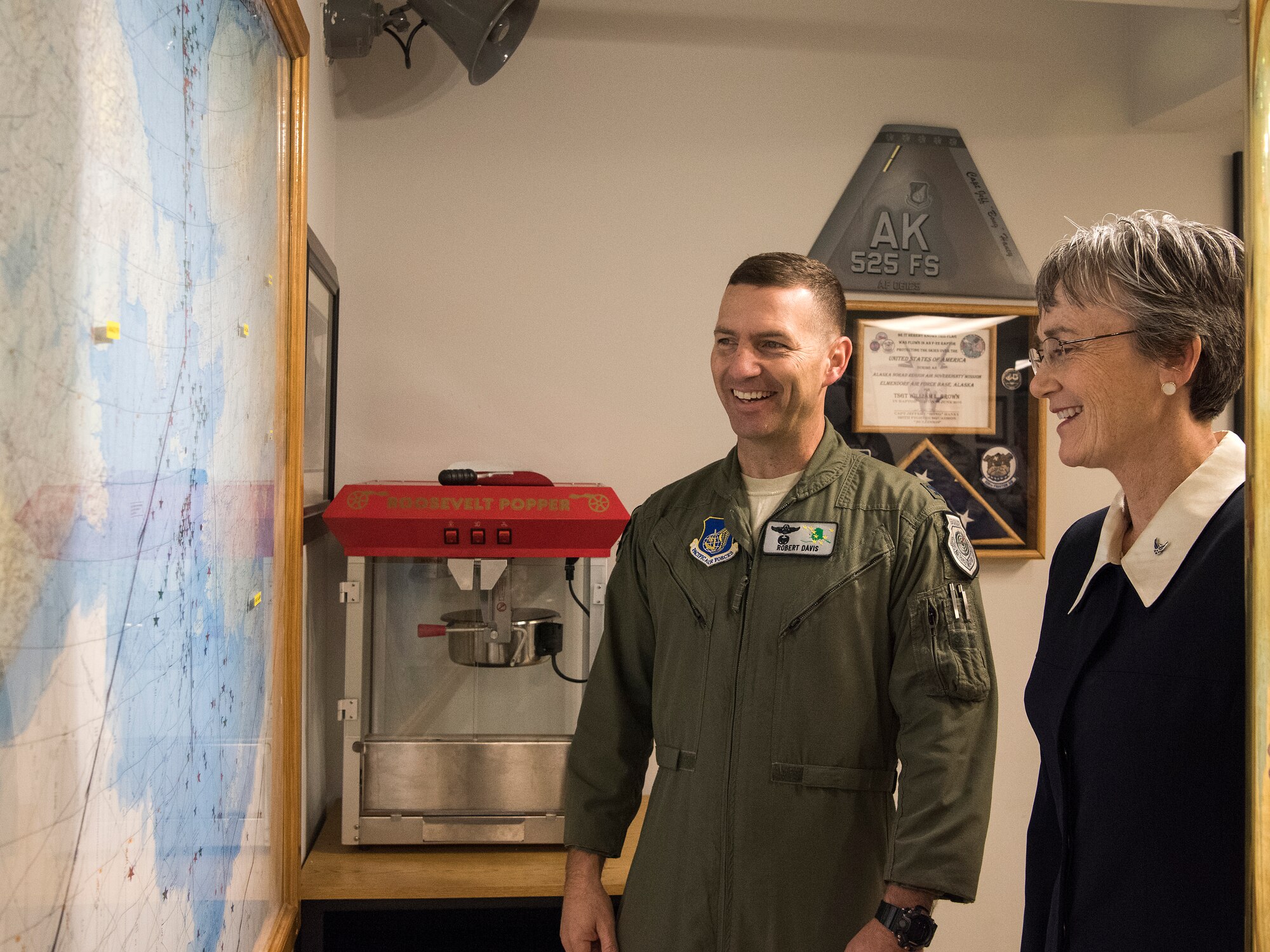Secretary of the Air Force Heather Wilson talks with U.S. Air Force Col. Robert Davis, Commander of the 3rd Wing at Joint Base Elmendorf-Richardson, Alaska, Aug. 9, 2018. During her visit Wilson met with JBER Airmen and personally saw the unique capabilities they bring to the Pacific theater.