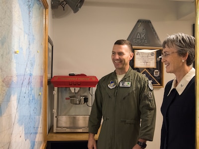 Secretary of the Air Force Heather Wilson talks with U.S. Air Force Col. Robert Davis, Commander of the 3rd Wing at Joint Base Elmendorf-Richardson, Alaska, Aug. 9, 2018. During her visit Wilson met with JBER Airmen and personally saw the unique capabilities they bring to the Pacific theater.