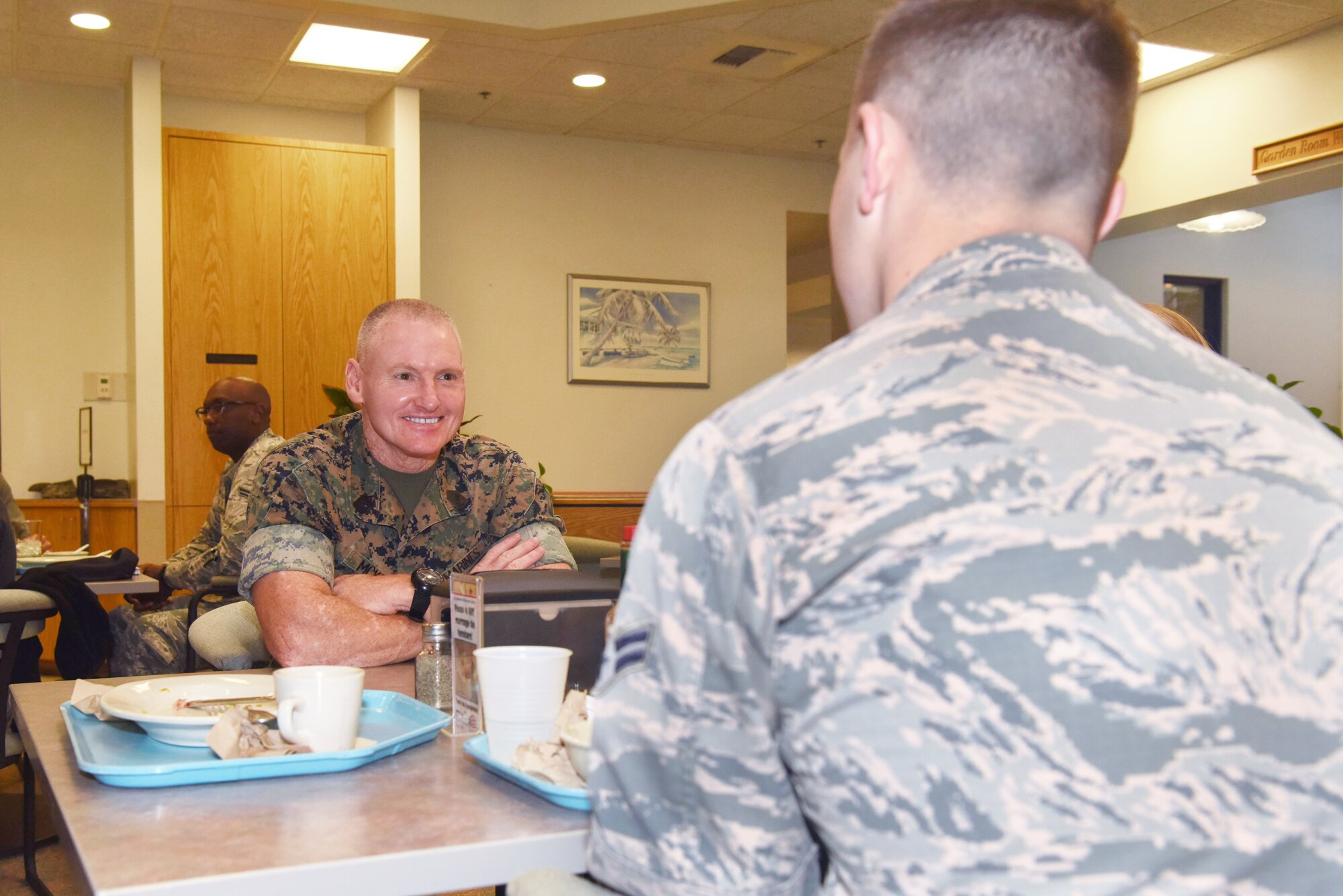 U.S. Marine Corps Command Sgt. Maj. Paul McKenna, U.S. Northern Command and North American Aerospace Defense Command senior enlisted leader, has breakfast with Vandenberg Airmen on Aug. 8, 2018 at Vandenberg Air Force Base, Calif. (U.S. Air Force photo by Airman 1st Class Aubree Milks/Released)