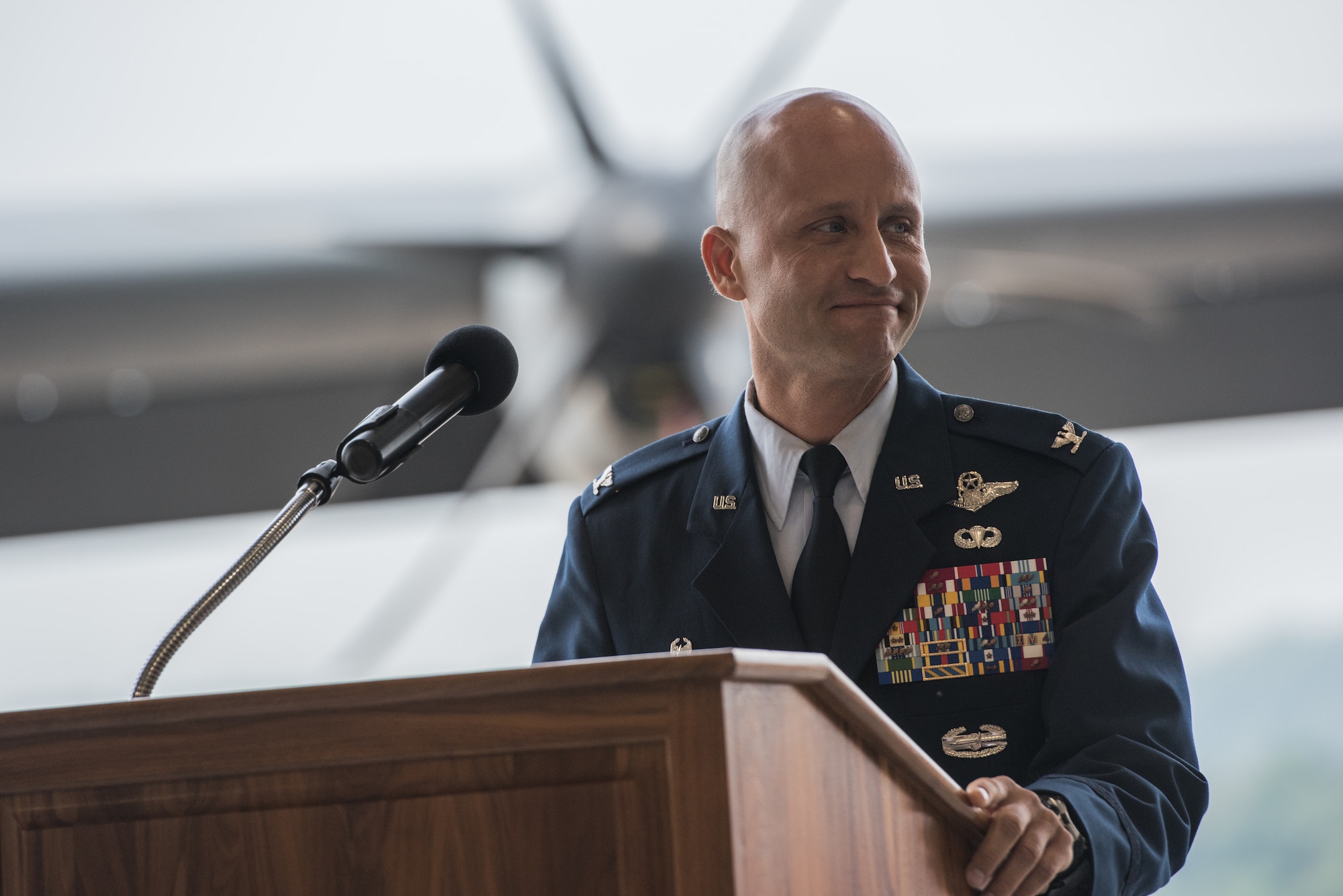Col. Terrence L. Koudelka, 193rd Special Operations Wing commander, Pennsylvania Air National Guard, addresses 193rd SOW Airmen during an assumption of command ceremony.