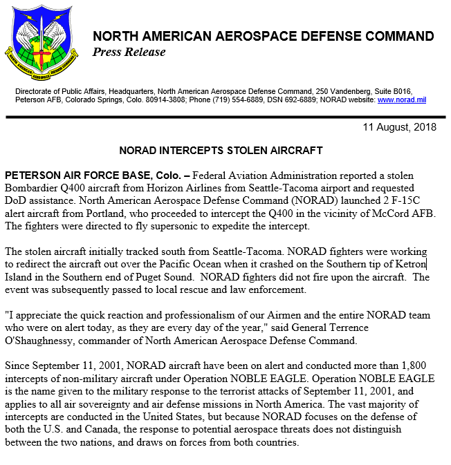 NORAD Intercetps Stolen Aircraft