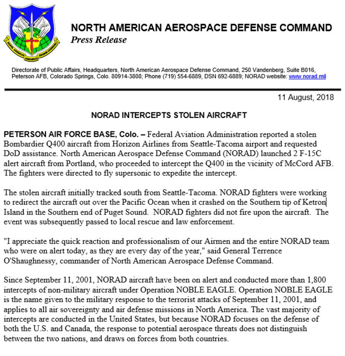 NORAD Intercepts Stolen Aircraft From SEATAC > Western Air Defense.