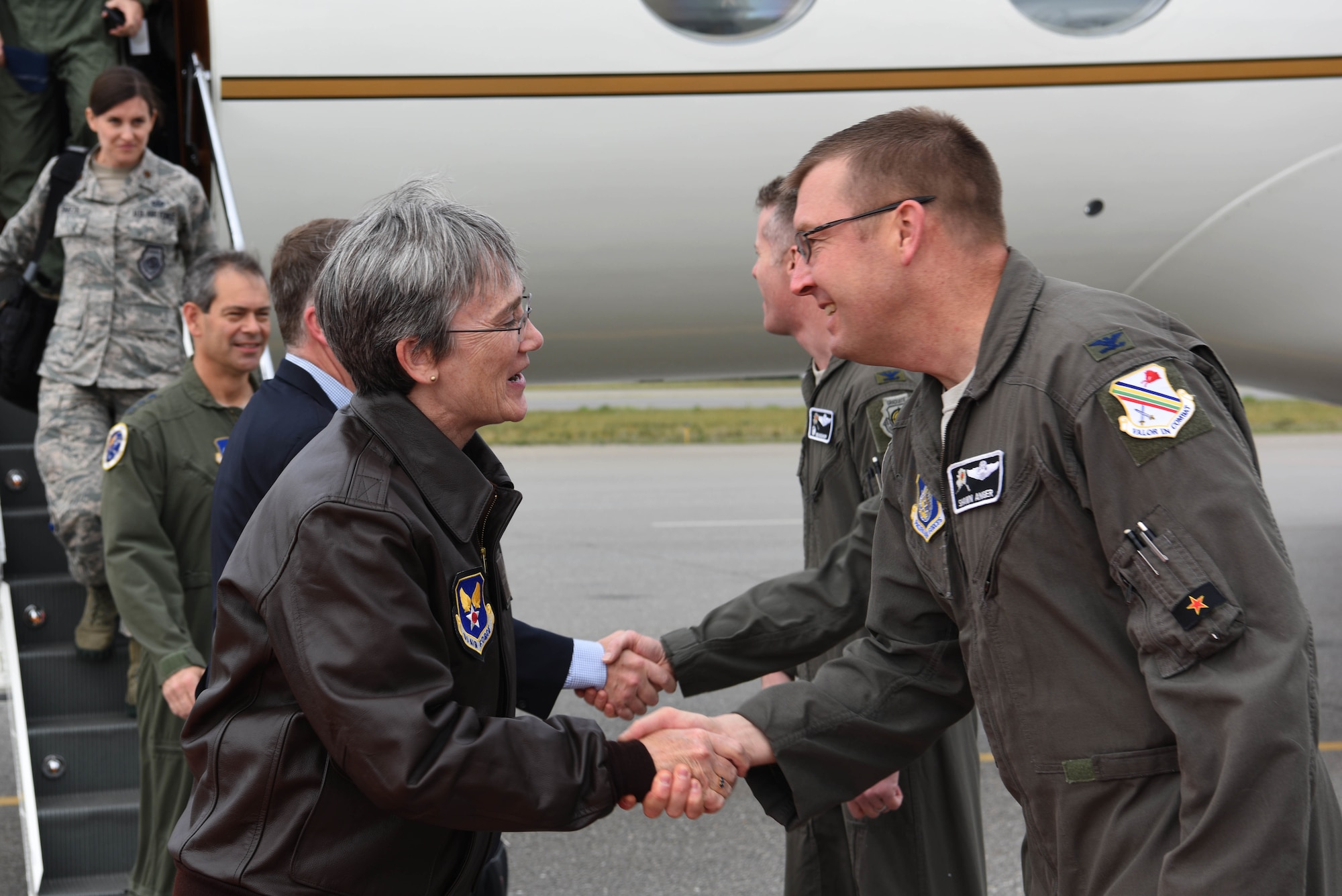 The Honorable Heather A. Wilson, the Secretary of the Air Force, is greeted by Col. Shawn E. Anger, the 354th Fighter Wing vice commander, Aug. 10, 2018 at Eielson Air Force Base, Alaska. Wilson graduated from the Air Force Academy in 1982 and served in the U.S. Air Force until 1989. (U.S. Air Force photo by Airman 1st Class Eric M. Fisher)