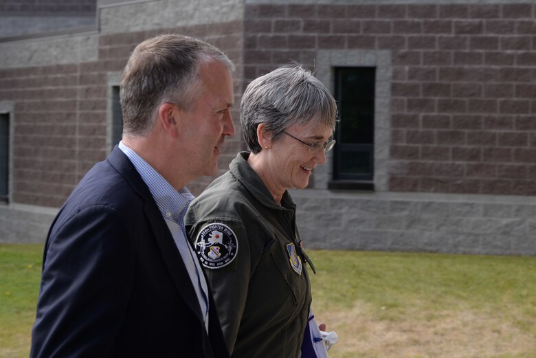 The Honorable Heather A. Wilson, the Secretary of the Air Force, walks next to the Honorable Dan Sullivan, a United States senator from Alaska, Aug. 10, 2018, at Eielson Air Force Base, Alaska. Wilson held a town hall for 354th Fighter Wing Airmen in the base’s theater. (U.S. Air Force photo by Airman 1st Class Eric M. Fisher)