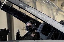 The Honorable Heather A. Wilson, the Secretary of the Air Force, gives a thumbs-up before her flight in an 18th Aggressor Squadron F-16 Fighting Falcon, Aug. 10, 2018, at Eielson Air Force Base, Alaska. Wilson flew with an 18th AGRS pilot over part of the Joint Pacific Alaska Range Complex, which is one of the largest training areas in the Department of Defense. (U.S. Air Force photo by Airman 1st Class Eric M. Fisher)