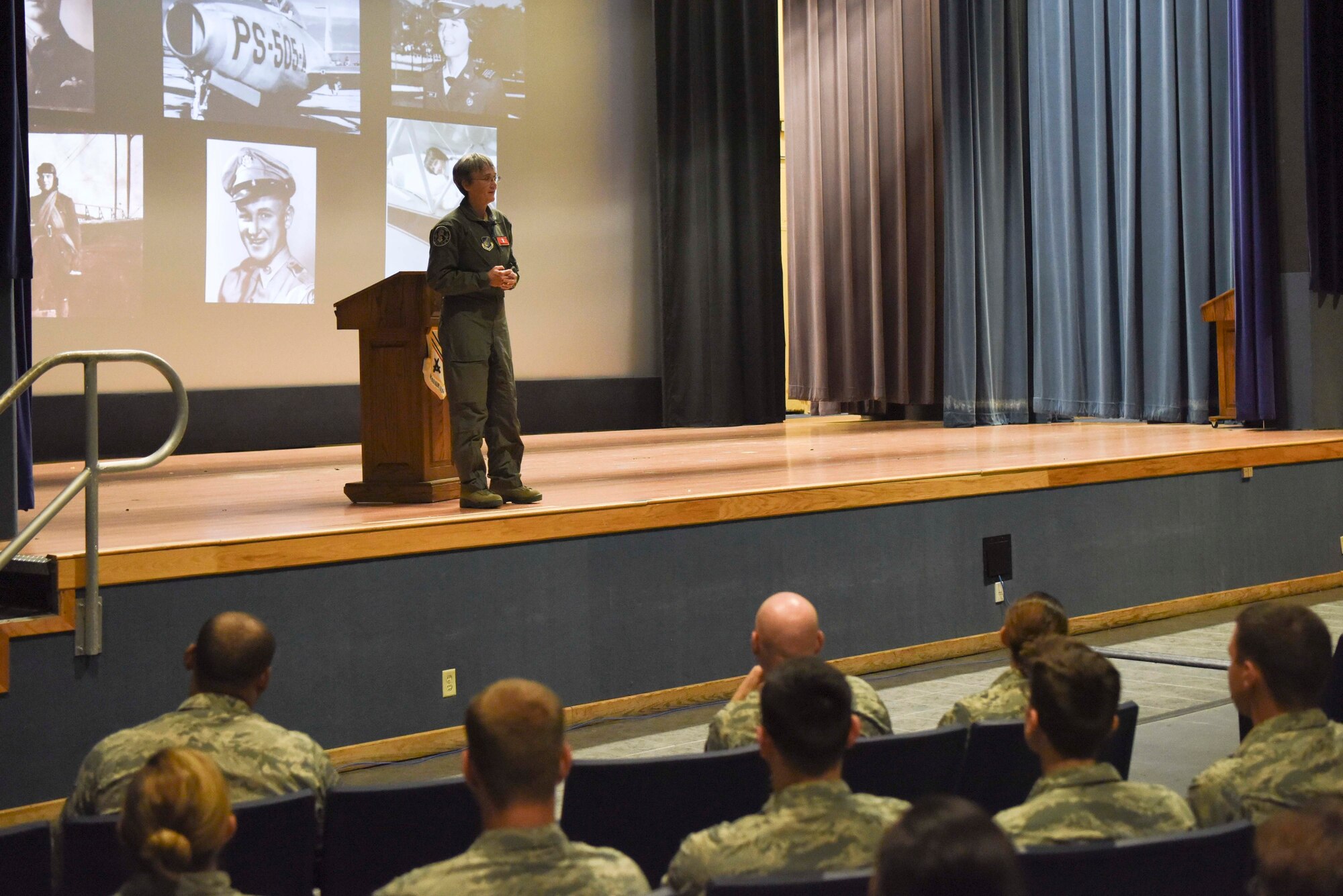 The Honorable Heather A. Wilson, the Secretary of the Air Force, speaks to 354th Fighter Wing Airmen during a town hall meeting Aug. 10, 2018, at Eielson Air Force Base, Alaska. During the town hall, Wilson conveyed some of the steps that will be taken to prepare the Air Force for the battles of tomorrow. (U.S. Air Force photo by Airman 1st Class Eric M. Fisher)