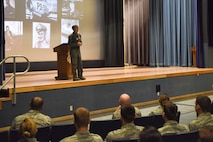 The Honorable Heather A. Wilson, the Secretary of the Air Force, speaks to 354th Fighter Wing Airmen during a town hall meeting Aug. 10, 2018, at Eielson Air Force Base, Alaska. During the town hall, Wilson conveyed some of the steps that will be taken to prepare the Air Force for the battles of tomorrow. (U.S. Air Force photo by Airman 1st Class Eric M. Fisher)