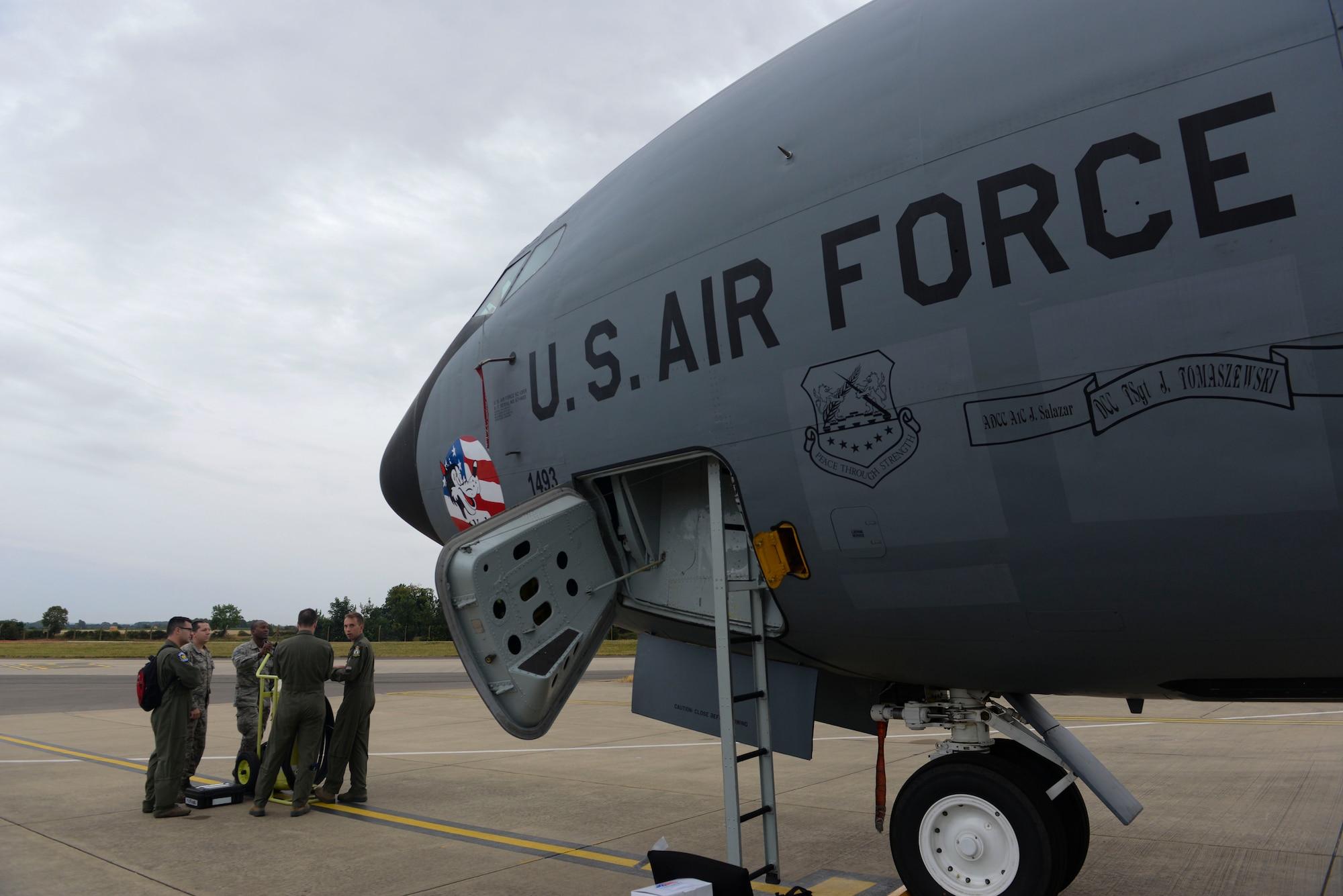 U.S. Air Force Airmen from the 100th Air Refueling Wing review a preflight checklist for a KC-135 Stratotanker prior to a flight to Keflavik Air Base, Iceland, at RAF Mildenhall, England, Aug. 10, 2018. The 100th Air Refueling Wing supported deployed Airmen and aircraft from the 48th Fighter Wing in support of NATO’s Icelandic Air Surveillance mission. The U.S. has conducted this NATO mission in Iceland annually since 2008. (U.S. Air Force photo by Airman 1st Class Alexandria Lee)