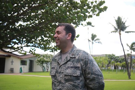 U.S. Air Force Maj. Steve Martin, assigned to the 181st Medical Group, Indiana Air National Guard, and the officer in charge of the Kihei site for Tropic Care Maui County 2018, smiles during an interview at St. Theresa's Church in Kihei, Hawaii, Aug. 11, 2018. Martin and another Airman were first on the scene at a serious car wreck in Hawaii Aug. 8.