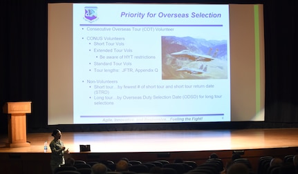 Master Sgt. Anna Franklin, Air Force Personnel Center manager of Special Duty and Developmental Special Duty assignments, explains the selection process for overseas assignments to Airmen Aug. 9, 2018, at Joint Base Charleston, S.C.  Members from AFPC visited base to educate Airmen on different opportunities the Air Force provides along with different resources to gather more information.