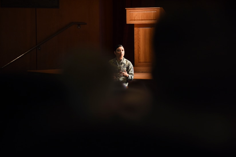 Master Sgt. Anna Franklin, AFPC Manager of Special Duty and Developmental Special Duty Assignments, briefs Airmen on the Enlisted Assignment Processes and Developmental Special Duties Aug. 9, 2018 at the Air Base Theater. Members from AFPC visited base to educate Airmen on different opportunities the Air Force provides along with different resources to gather more information.