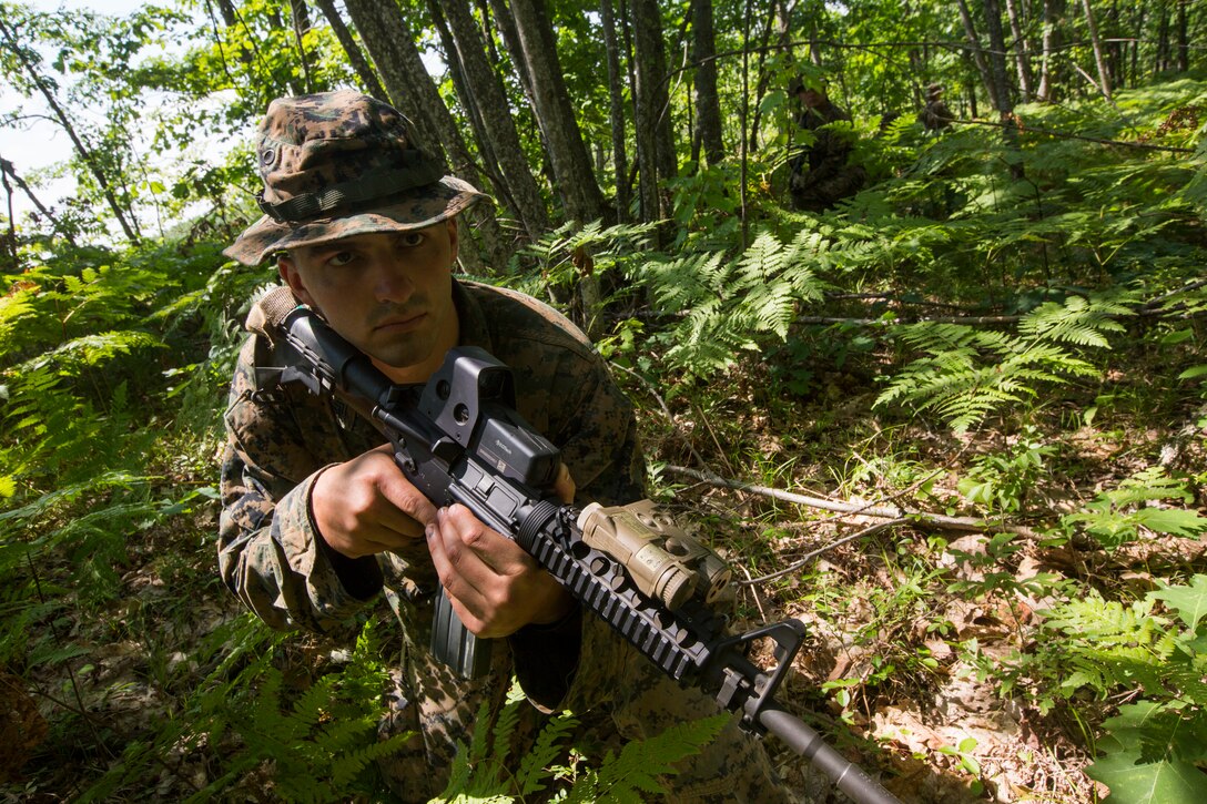 Sgt. David Bloxton, a scout sniper with 3rd Battalion, 25th Marine Regiment, searches a road for enemy combatants before practicing crossing a danger zone with the rest of his squad during Exercise Northern Strike at Camp Grayling, Mich., Aug. 11, 2018. Exercise Northern Strike is a National Guard Bureau-sponsored training exercise that unites service members from multiple branches, states and coalition countries to conduct combined ground and air combat operations. (U.S. Marine Corps photo by Cpl. Niles Lee)