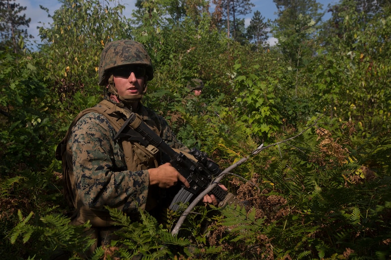 Lance Cpl. Adam Wood, a team leader with India Company, 3rd Battalion, 25th Marine Regiment, provide security as combat engineers clear an obstacle during a live-fire range at Camp Grayling, Mich., Aug. 7, 2018. Exercise Northern Strike is a National Guard Bureau-sponsored training exercise that unites service members from multiple branches, states and coalition countries to conduct combined ground and air combat operations. (U.S. Marine Corps photo by Cpl. Niles Lee)