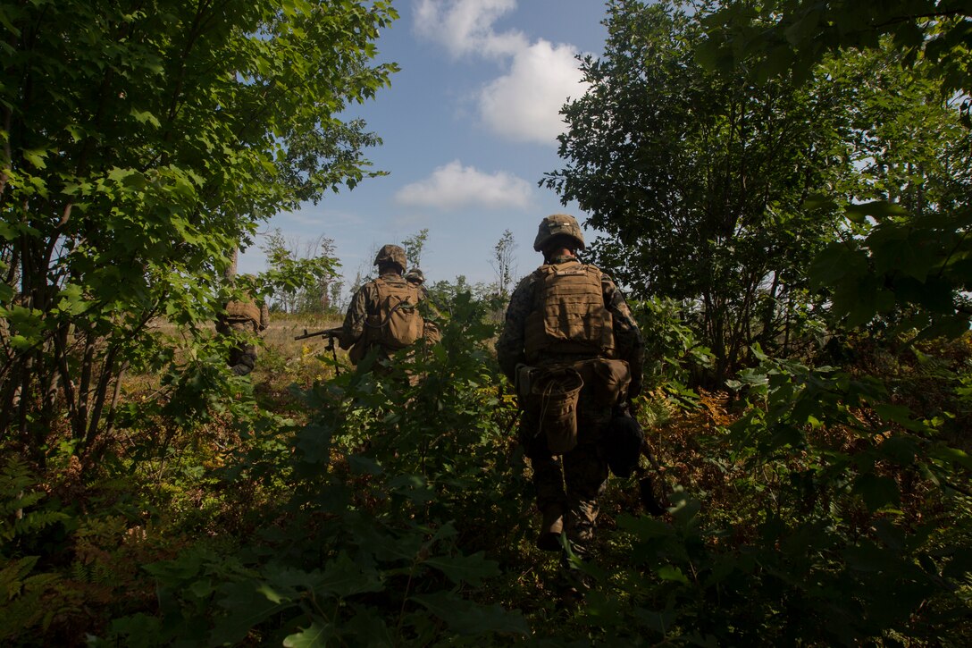 Marines from India Company, 3rd Battalion, 25th Marine Regiment, rush towards an objective during a live-fire range at Camp Grayling, Mich., Aug. 8, 2018. Exercise Northern Strike is a National Guard Bureau-sponsored training exercise that unites service members from multiple branches, states and coalition countries to conduct combined ground and air combat operations. (U.S. Marine Corps photo by Cpl. Niles Lee)
