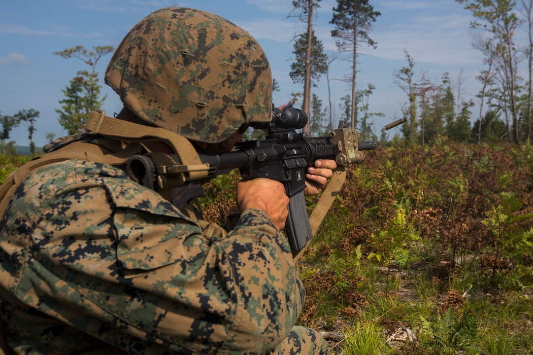 A Marine from India Company, 3rd Battalion, 25th Marine Regiment, fires at an enemy target during a live-fire range at Camp Grayling, Mich., Aug. 8, 2018. Northern Strike’s mission is to exercise participating units’ full-spectrum of capabilities through realistic, cost-effective joint fires training in an adaptable environment, with an emphasis on joint and coalition force cooperation. (U.S. Marine Corps photo by Cpl. Niles Lee)