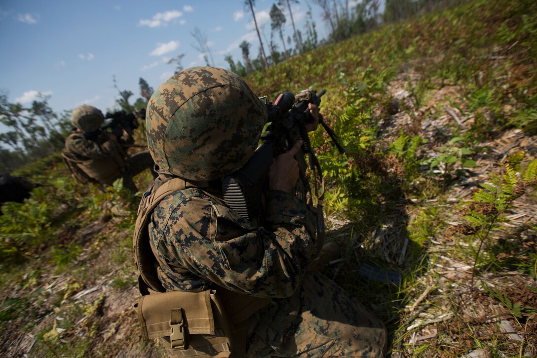 Marines from India Company, 3rd Battalion, 25th Marine Regiment, fire at enemy targets during a live-fire range at Camp Grayling, Mich., Aug. 8, 2018. Northern Strike’s mission is to exercise participating units’ full-spectrum of capabilities through realistic, cost-effective joint fires training in an adaptable environment, with an emphasis on joint and coalition force cooperation. (U.S. Marine Corps photo by Cpl. Niles Lee)