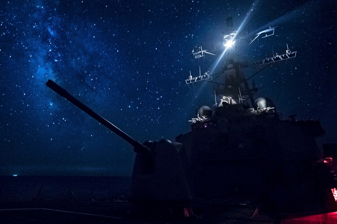The Arleigh Burke-class guided-missile destroyer USS Carney  transits the Mediterranean Sea.