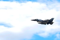 A U.S. Air Force F-16 Fighting Falcon, assigned to the 18th Aggressor Squadron out of Eielson Air Force Base, Alaska soars through the sky Aug. 10, 2018. The F-16, flown by Lt. Col. John Anderson, commander of the 353rd Combat Training Squadron, provided the Honorable Heather A. Wilson, the Secretary of the Air Force, with an orientation flight of the Joint Pacific Alaska Range Complex. (U.S. Air Force photo by Airman 1st Class Eric M. Fisher)