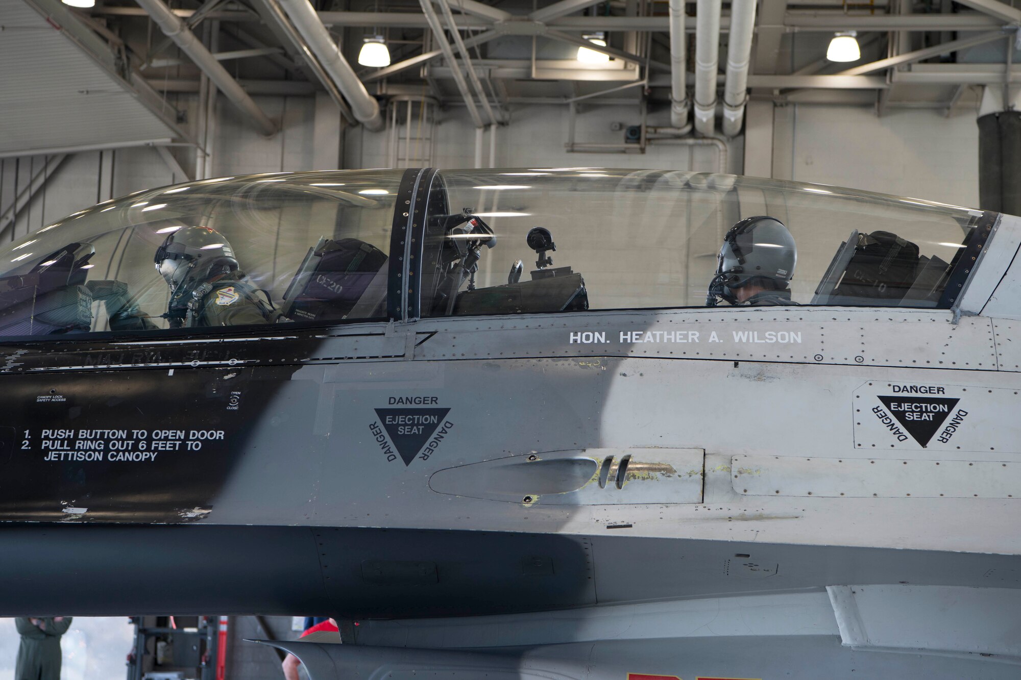 The Honorable Heather A. Wilson, the Secretary of the Air Force awaits the start of her flight over the Joint Pacific Alaska Range Complex, Aug. 10, 2018, at Eielson Air Force Base, Alaska. The JPARC is one of the largest aerial training ranges in the Department of Defense. (U.S. Air Force photo by Airman Aaron Guerrisky)