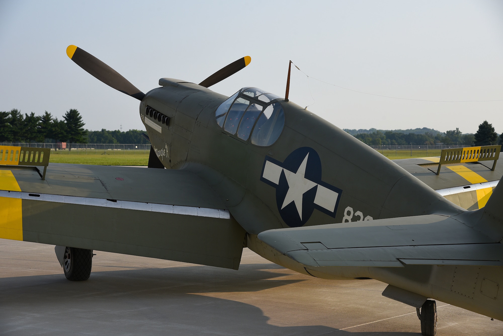 A view of the North American A-36A Mustang before restoration crews at the National Museum of the U.S. Air Force moved the aircraft into the WWII Gallery on Aug. 13, 2018. Several WWII era aircraft on display were temporarily placed throughout the museum to provide adequate space for the Memphis Belle exhibit opening events. (U.S. Air Force photo by Ken LaRock)