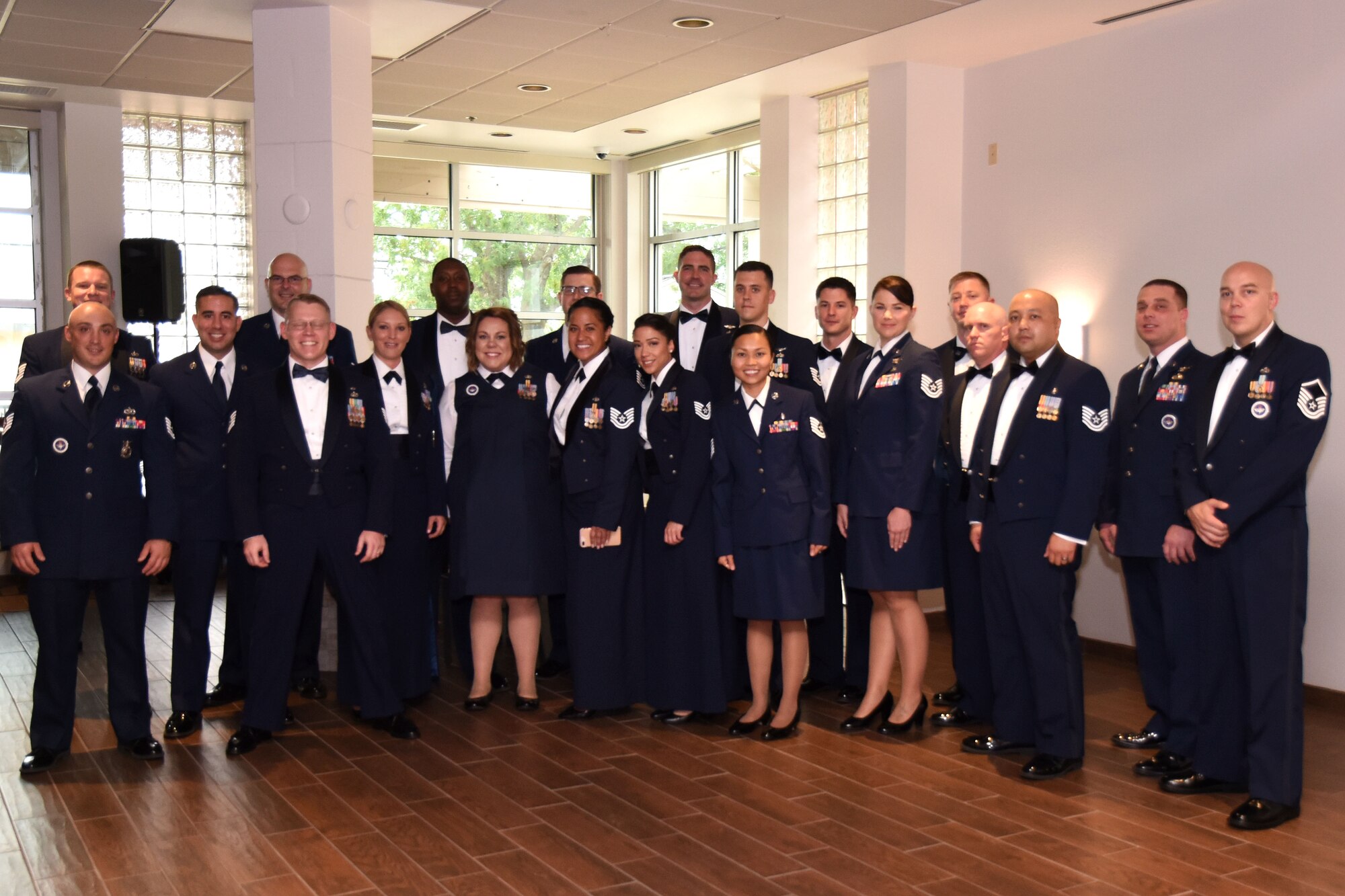 Goodfellow senior noncommissioned officer inductees await the medallion ceremony at the Event Center on Goodfellow Air Force Base, Texas, Aug. 10, 2018. The inductees received medallions before the induction ceremony where friends and family could support their Airmen during the induction ceremony. (U.S. Air Force photo by Airman 1st Class Seraiah Hines/Released)