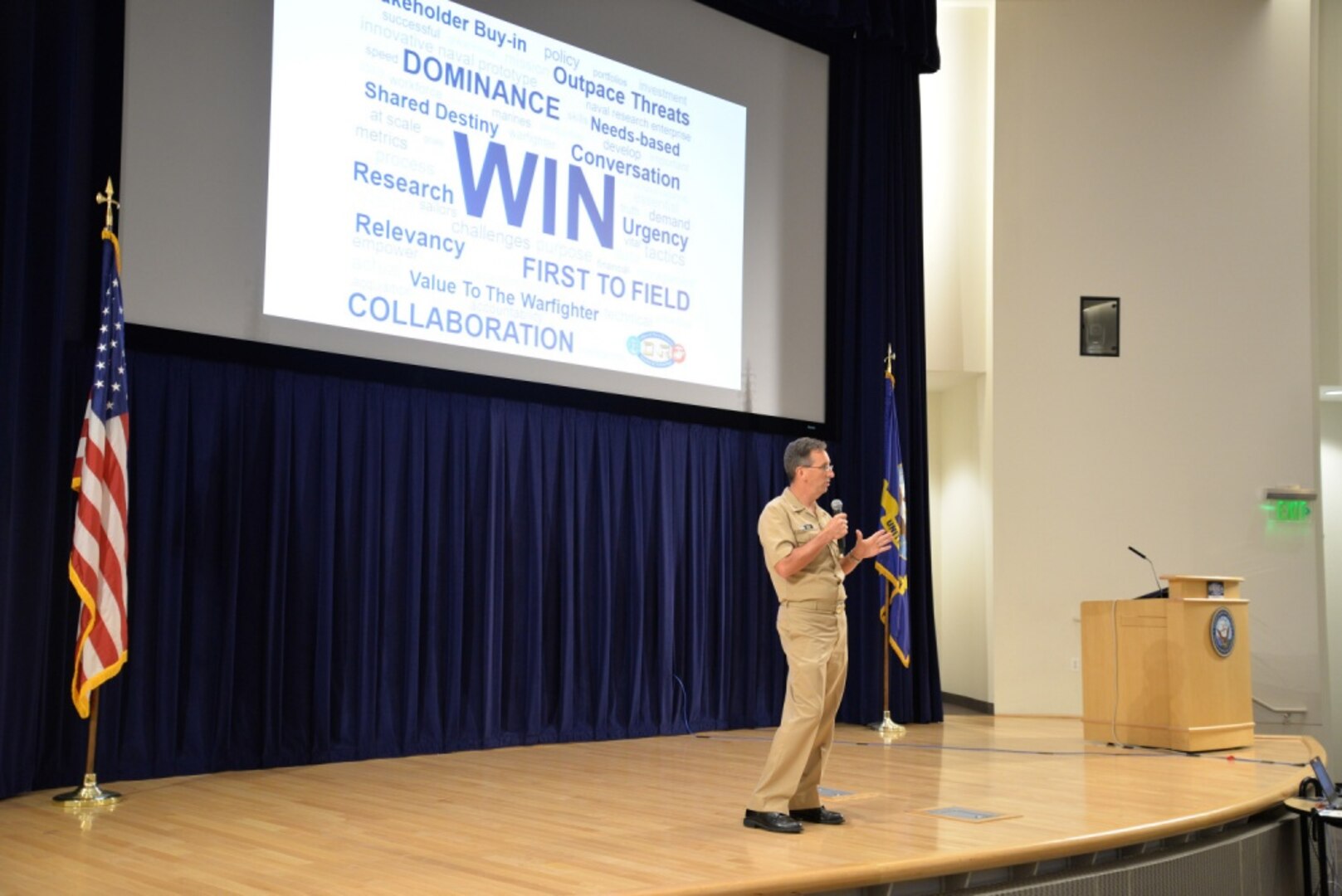 Chief of Naval Research Rear Adm. David Hahn speaks to representatives of the Naval Research and Development Establishment at a collaboration forum on July 31, 2018, at Naval Surface Warfare Center, Carderock Division in West Bethesda, Md. (U.S. Navy photo by Kelley Stirling/Released).