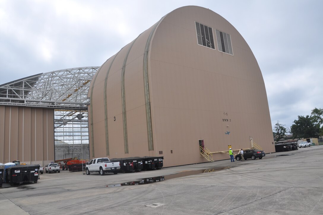 A view from the backside of Dock 3 of the Building 125 hangar complex on Robins Air Force Base. The 14.7 acre complex is the largest in the country and houses C-5 Galaxy, C-130s and F-15 aircraft. Contractors from New South Construction are renovating the 1940s era building.