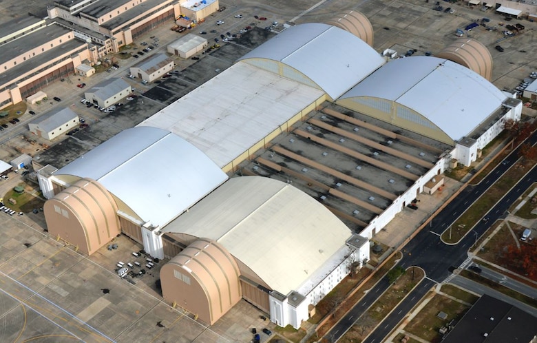 An aerial overview of the Building 125 complex. At 14.7 acres, it's the largest hangar facility in the country. It houses C-5 Galaxy, C-130s and F-15 aircraft.