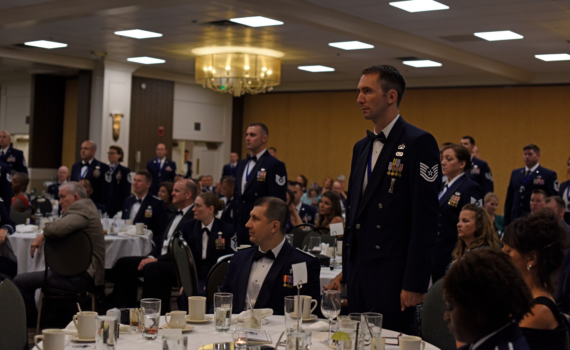 Thirty-five master sergeant selects were sworn in by Chief Master Sgt. Lee Mills, 92nd Air Refueling Wing command chief, during the 2018 Senior Non-Commissioned Officer Induction Ceremony at The Centennial Hotel Spokane in Spokane, Washington, Aug. 10, 2018. "Sergeant" is an ancient honorable term that denotes a person possessing special skills, trust and integrity. (U.S. Air Force photo/Airman 1st Class Jesenia Landaverde)