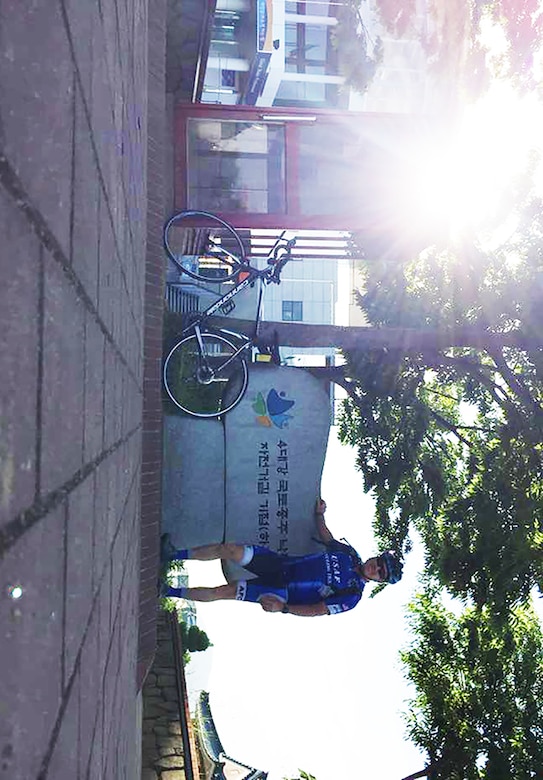 Maj. Anthony Bares, a former 28th Bomb Wing Inspector General office inspector, stands next to the Four Rivers Trail marker in the South Korea on May 24, 2018. Bares’ solo memorial ride across South Korea was his way of bringing attention to those who have paid the ultimate sacrifice for the freedoms so many people enjoy today. (Courtesy photo)