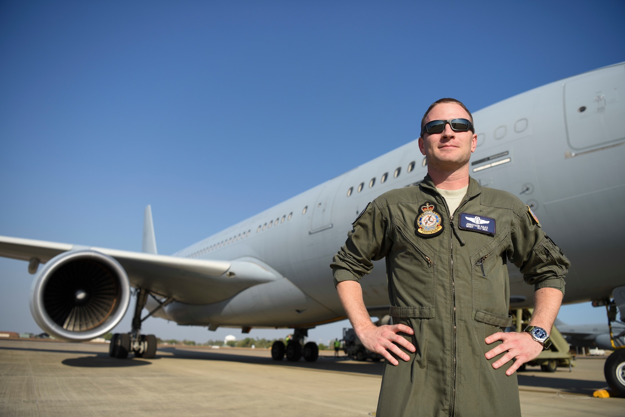 U.S. Air Force Master Sgt. Jonathan Haas, Royal Australian Air Force 33rd Squadron KC-30A Multi-Role Tanker Transport air-refueling operator, poses for a photo at RAAF Base Darwin, Australia, Aug. 8, 2018. Haas has spent the last two years based out of RAAF Base Amberley, Australia, serving as an instructor in the USAF Military Personnel Exchange Program. (U.S. Air Force photo by Senior Airman Savannah L. Waters)