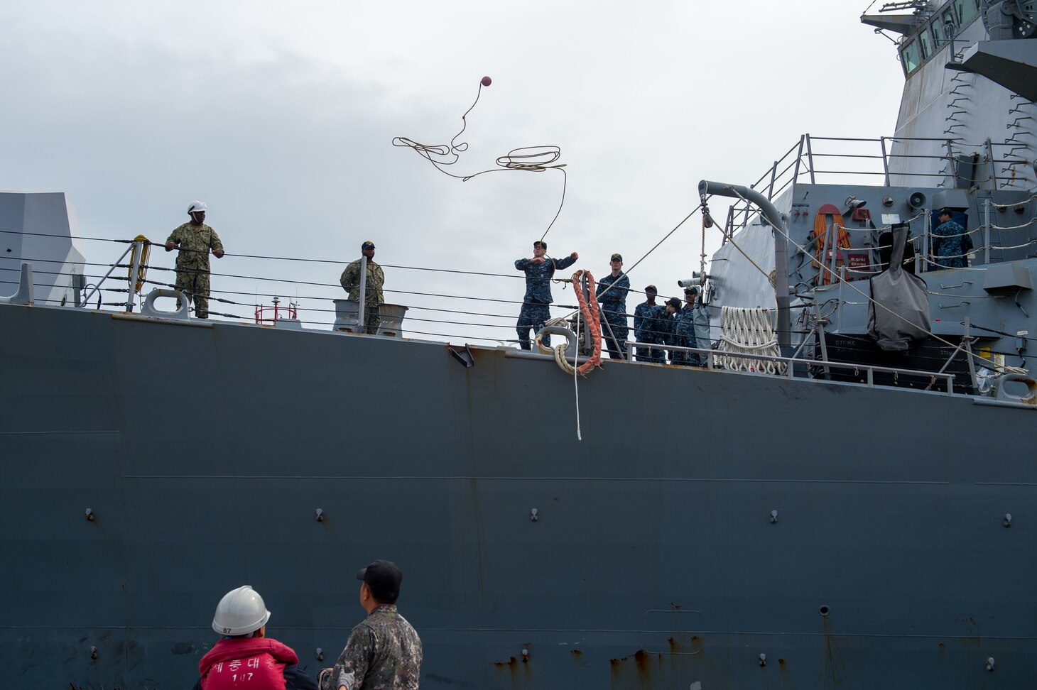 BUSAN, Republic of Korea (Aug. 12, 2018) The Arleigh Burke-class guided-missile destroyer USS Mustin (DDG 89) arrives at Republic of Korea Navy's Busan Navy Base for a port visit to avoid a storm in the region. Mustin is in the U.S. 7th Fleet area of responsibility supporting security and stability in the Indo-Asia-Pacific.
