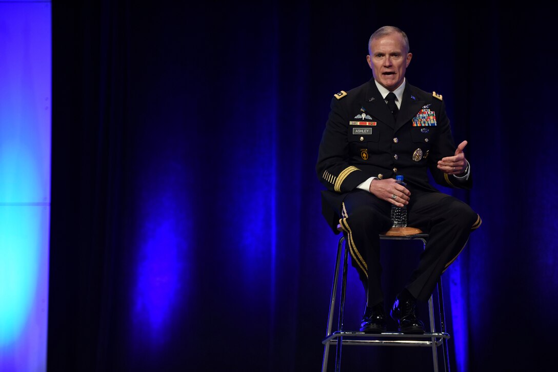 DIA Director Lt. Gen. Robert Ashley answers a question submitted via social media during the 2018 DoDIIS Worldwide Conference August 13, 2018, in Omaha, Nebraska.