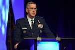 Gen. John E. Hyten, commander, U.S. Strategic Command talks integrated command relationships and the role of information and intelligence to the combatant commands during the 2018 DoDIIS Worldwide Conference August 13, 2018, in Omaha, Nebraska.