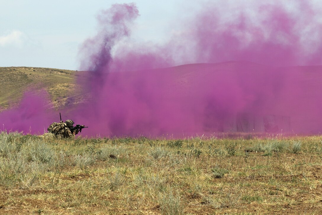 A soldier conceals himself behind purple smoke.