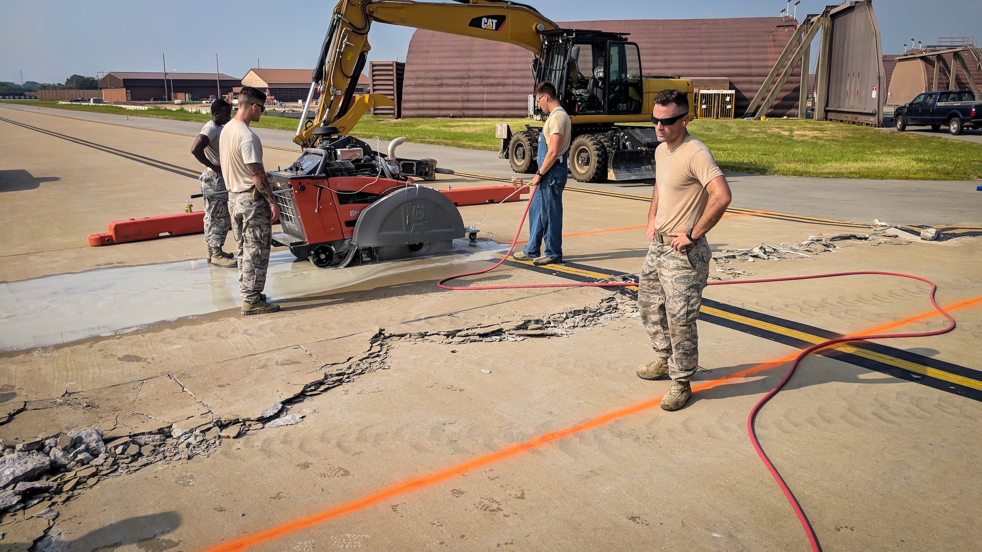 The 51st Civil Engineer Squadron structures flight, the Dirt Boys, replaced 18 feet of taxiway after Operations Support Squadron personnel discovered a rupture in the cement on Osan Air Base, Aug. 4 to 6, 2018.