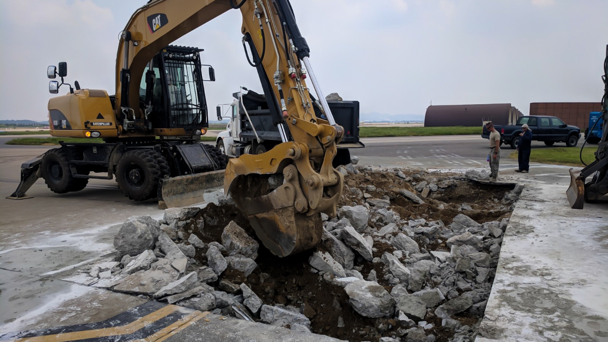 The 51st Civil Engineer Squadron structures flight, the Dirt Boys, replaced 18 feet of taxiway after Operations Support Squadron personnel discovered a rupture in the cement on Osan Air Base, Aug. 4 to 6, 2018.