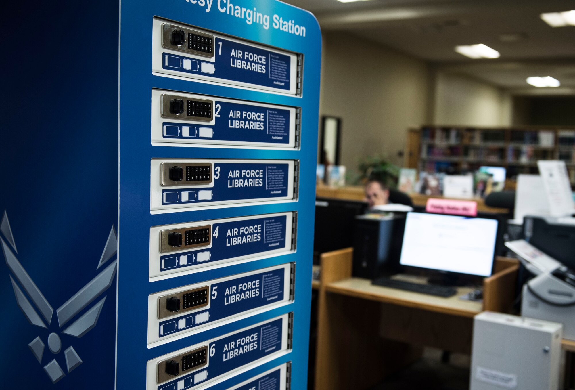 A 10-port charging station sits in the middle of the McElveen Information and Learning Center at Shaw Air Force Base, S.C., Aug. 13, 2018.