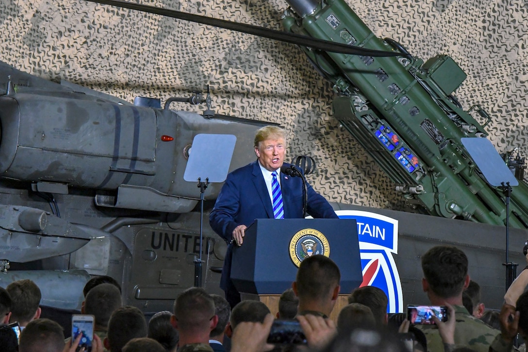 President Donald J. Trump speaks to service members at Fort Drum, N.Y.