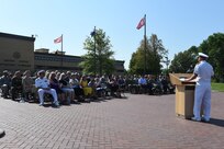 U.S. Navy Rear Adm. John Spencer provides remarks following his promotion to the rank of rear admiral on the missile deck at U.S. Strategic Command (USSTRATCOM) headquarters on Offutt Air Force Base, Neb., Aug. 9, 2018. Spencer is the executive assistant to U.S. Air Force Gen. John Hyten, commander of USSTRATCOM. His next assignment will be the director of Nuclear Support Directorate, Defense Threat Reduction Agency at Ft. Belvoir, Va.  USSTRATCOM has global responsibilities assigned through the Unified Command Plan that include strategic deterrence, nuclear operations, space operations, joint electromagnetic spectrum operations, global strike, missile defense, and analysis and targeting. (U.S. Navy photo by Mass Communication Specialist 1st Class Julie R. Matyascik/Released)