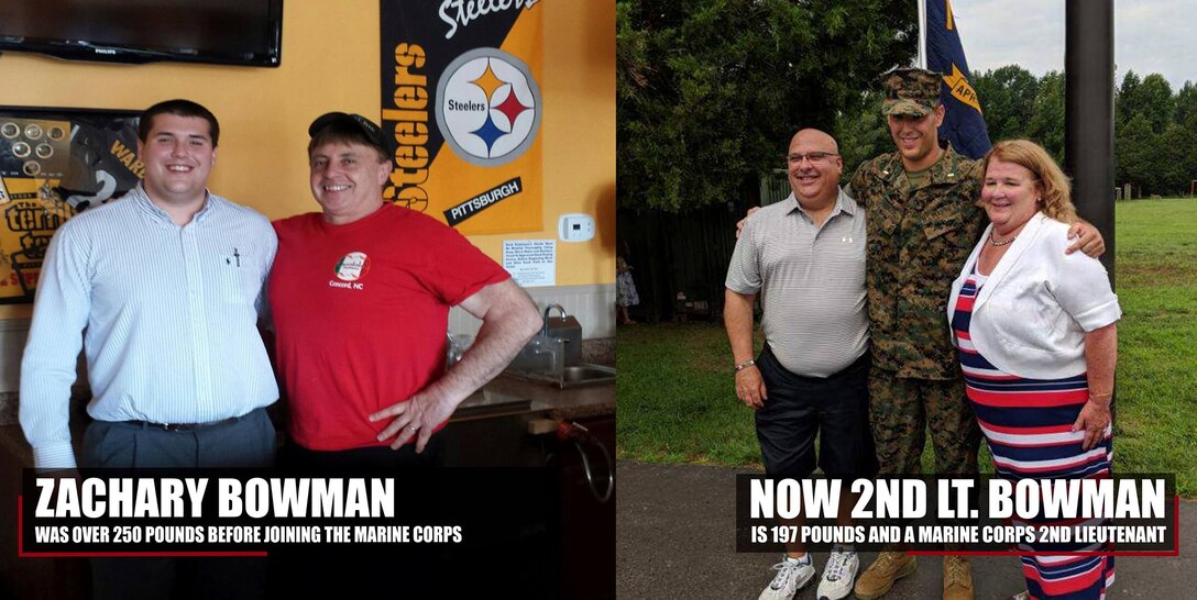 2nd Lt. Zachary Bowman, at 250 pounds, before joining the Marine Corps at an unknown date. Bowman lost over 40 pounds on his journey to become a Marine Corps officer. Bowman graduated Officer Candidate School on Aug. 11, 2018, and will pursue the military occupation specialty of a judge advocate after The Basic School. (Curtesy photo provided by 2nd Lt. Zachary Bowman)