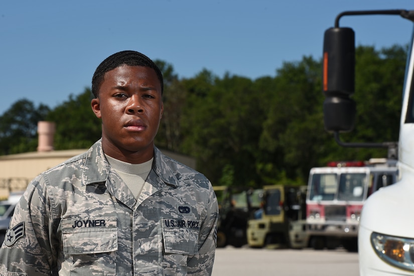 U.S. Air Force Senior Airman Kadeem Joyner, 20th Logistics Readiness Squadron vehicle operator, stands in the vehicle yard at Shaw Air Force Base, S.C., Aug. 10, 2018.