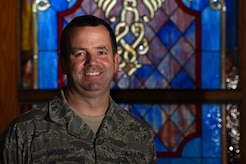 U.S. Air Force Tech. Sgt. Jeffrey Moody, 20th FW chapel religious affairs specialist, stands in the main chapel at Shaw Air Force Base, S.C., Aug. 13, 2018.