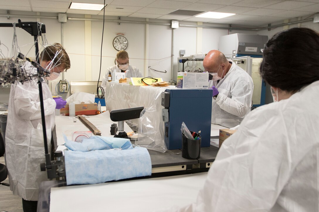 DNA analysts work side-by-side to extract samples from captured enemy material.