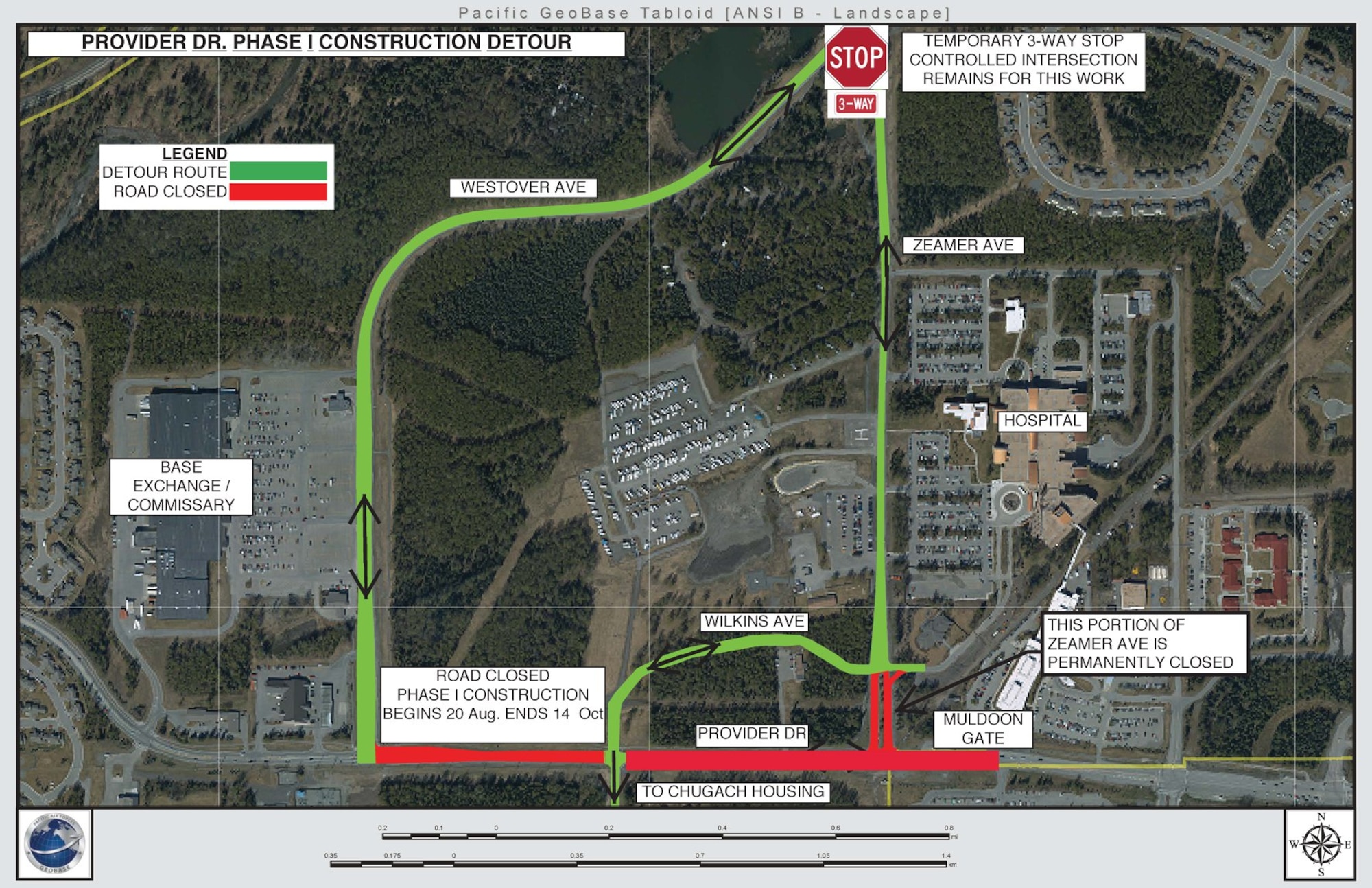 A map shows the detours to be in effect during a Muldoon Gate and Provider Drive closure scheduled for Aug. 20 to Oct. 14, 2018, at Joint Base Elmendorf-Richardson, Alaska.