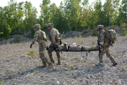 Pararescue specialists from the 103rd Pararescue Squadron, Westhampton Beach, New York, execute a rescue training mission for Northern Strike 18, Aug. 10, 2018.