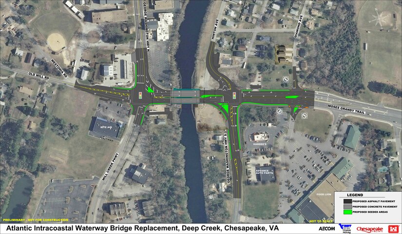 A graphic depicting the location and lane alignment of the new Deep Creek Bridge in Chesapeake, Virginia.