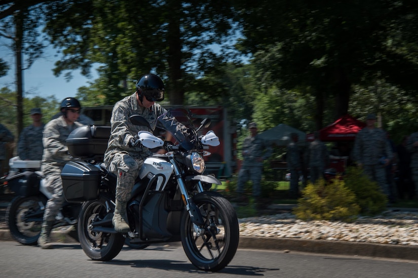 U.S. Air Force Airmen test drive motorcycles during the Vehicle Transformation and Acquisition Council conference at Joint Base Langley-Eustis, Virginia, Aug. 8, 2018.